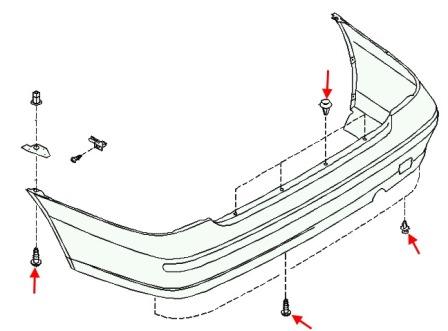 the scheme of fastening of the rear bumper Nissan Almera N15 (1995-2000)